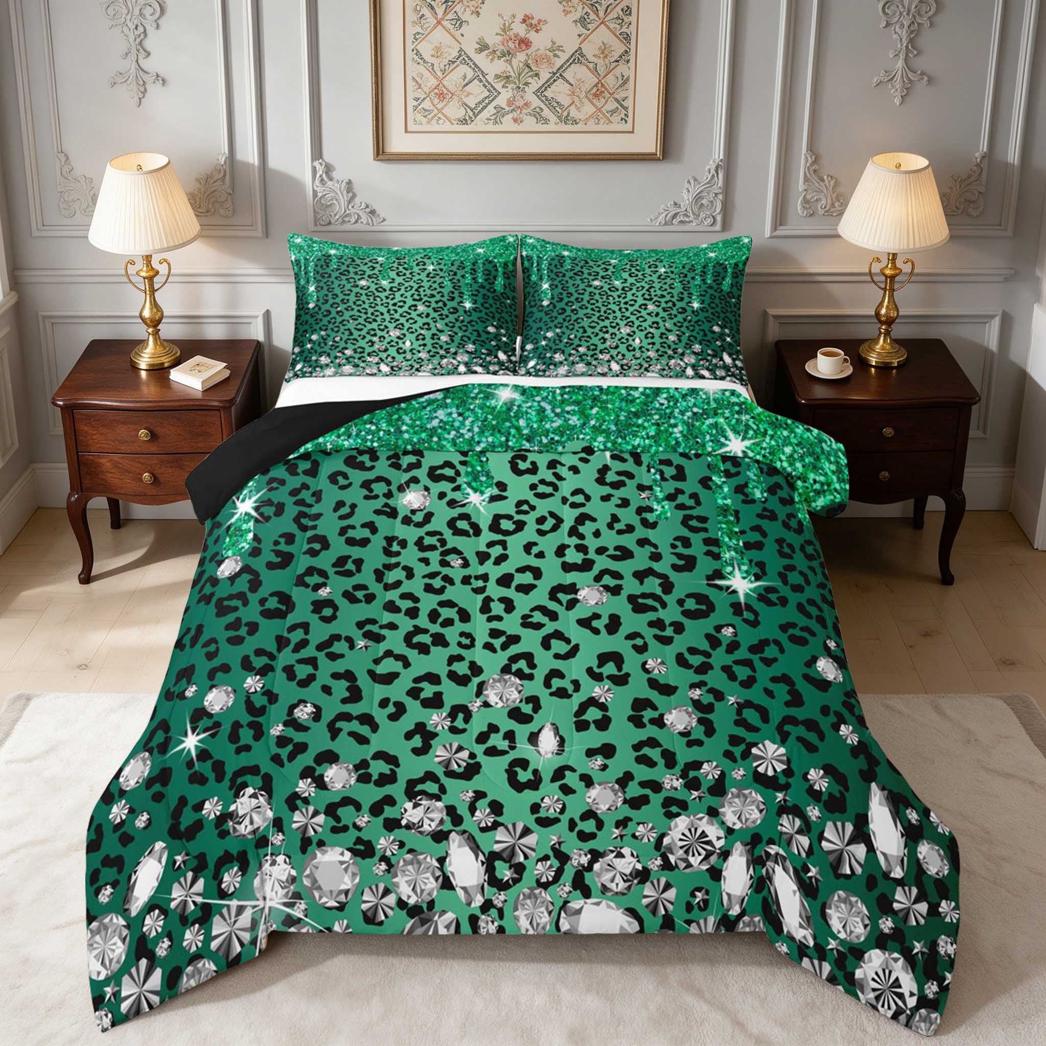 Manfei Green Glitter Drip Queen Comforter Set, Emerald Leopard Splash ...