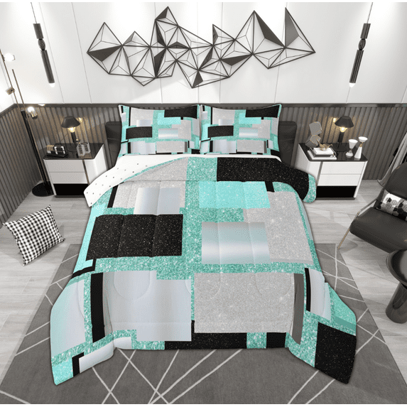 Manfei Green Glitter Square Bedding Comforter Set, Abstract Ombre Twin Comforter Sets, Chic Geometric Striped Reversible Bedding Set, Breathable Home Decor, 2pcs