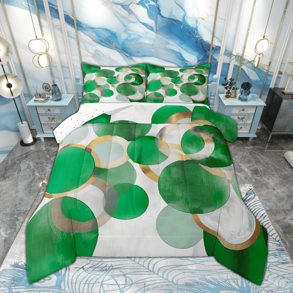 Manfei Green Gold Circle Full Size Comforter Sets, Modern Abstract Art Bedding Comforter Set, Geometric Minimalist Bedding Sets, Super Cozy Room Decor, Reversible 3-Piece