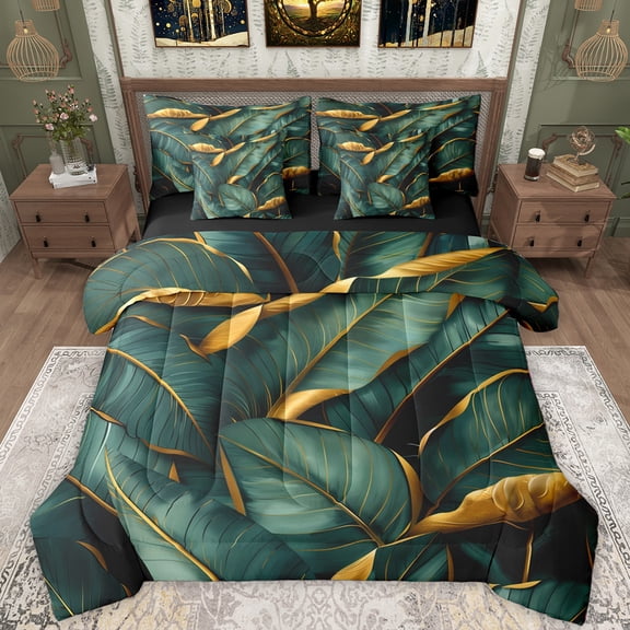 Manfei Green Gold Leaves 7-Piece Twin Bedding Sets,Tropical Plant Monstera Bedding Comforter Set,Natural Botanical Theme Sheet Sets For Teens,Breathable Home Decor Reversible
