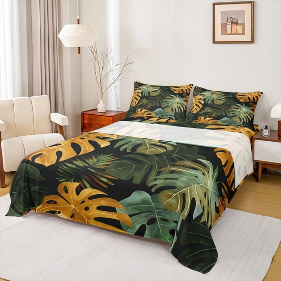 Manfei Green Gold Leaves Queen Sheet Sets,Tropical Plant Theme Flat Sheet,Monstera Leaf Queen Fitted Sheet For Teens,Breathable Home Decor,4-Piece
