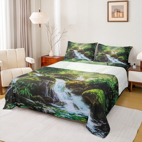 Manfei Green Jungle Tree Bed Sheets for Teens, Nature Stream Stone King Sheets, Plant Botanical Sheet Set, Breathable Home Decor, 4pcs