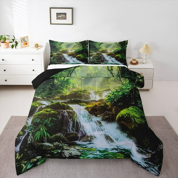 Manfei Green Jungle Tree Bedding Comforter Set for Teens, Nature Stream Stone Twin Comforter Sets, Plant Botanical Reversible Bedding Set, Breathable Home Decor, 2pcs