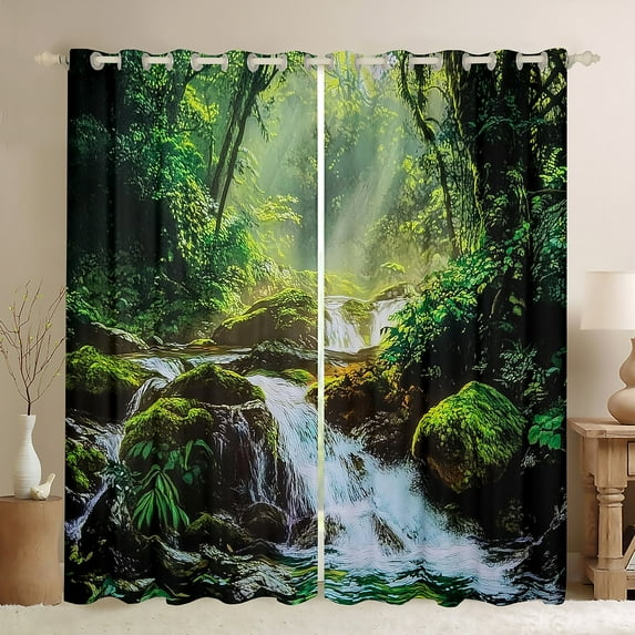 Manfei Green Jungle Tree Curtains Pack of 2 (42x84 Each) for Teens, Nature Stream Stone Curtains Blackout, Plant Botanical Bedroom Curtains, Window Curtains Home Decor