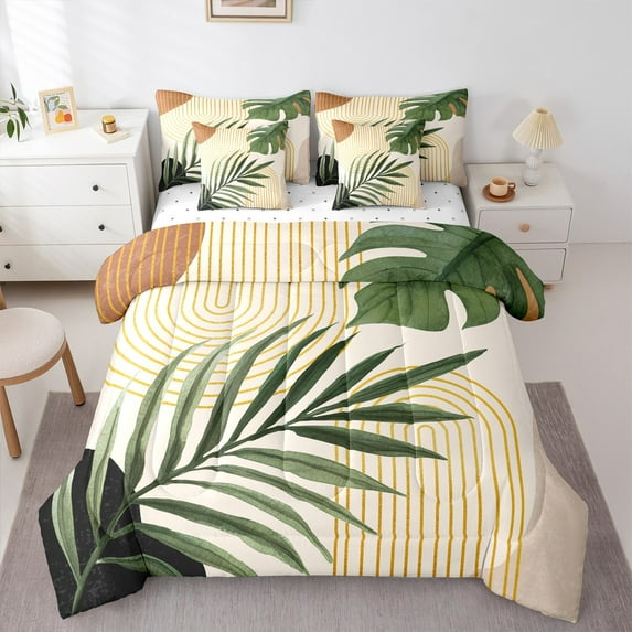 Manfei Green Leaf Plant Bedding Comforter Set 7pcs, Mid Century Fashion Queen Bedding Sets, Minimalst Geometric Reversible Queen Sheet Sets, Ultra Soft Home Decor