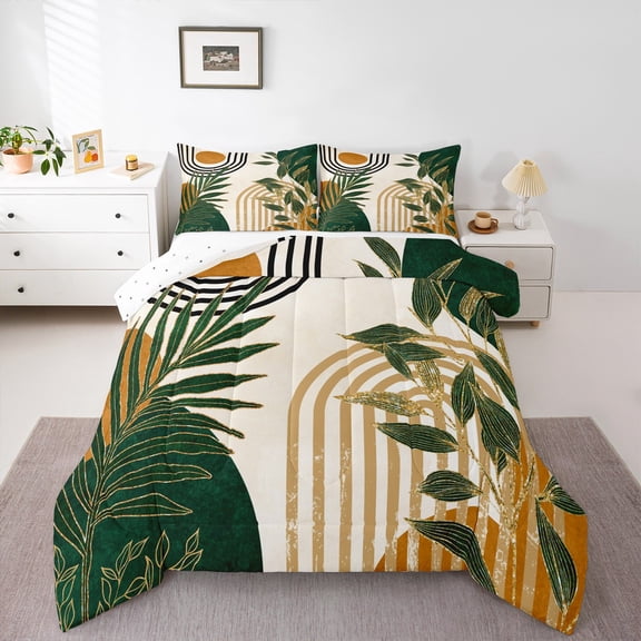Manfei Green Leaf Plant Queen Comforter Set, Mid Century Fashion Bedding Sets, Minimalst Geometric Reversible Bedding Comforter Set, Breathable Home Decor, 3pcs