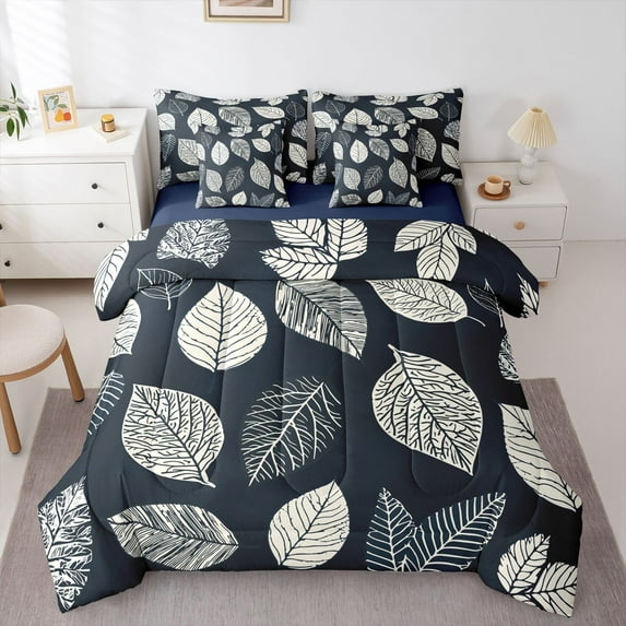 Manfei Green Leaves 7-Piece Twin Bedding Sets for Teens Female Men,Botanical Plants Bedding Comforter Set,Nature Tree Breathable Sheet Sets,Lightweight Room Decor,Reversible