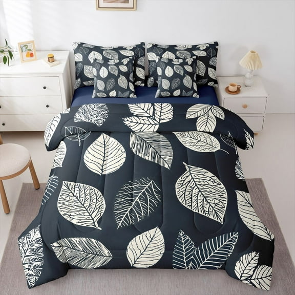 Manfei Green Leaves 7-Piece Twin Bedding Sets for Teens Female Men,Botanical Plants Bedding Comforter Set,Nature Tree Breathable Sheet Sets,Lightweight Room Decor,Reversible