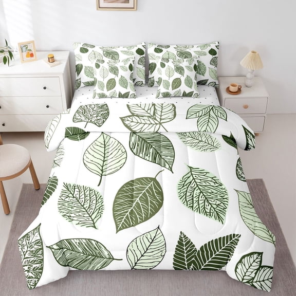 Manfei Green Leaves 7pcs Bedding Comforter Set for Teens Female Men,Botanical Plants Queen Bedding Sets Super Cozy,Nature Tree Queen Sheet Sets,Lightweight Room Decor,Reversible