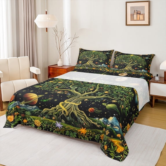 Manfei Green Life Tree Bed Sheets, Mystic Bohemian Plant Botanical King Sheets, Outer Space Planet Sheet Set, Luxury Bedroom Decor, 4 Pieces