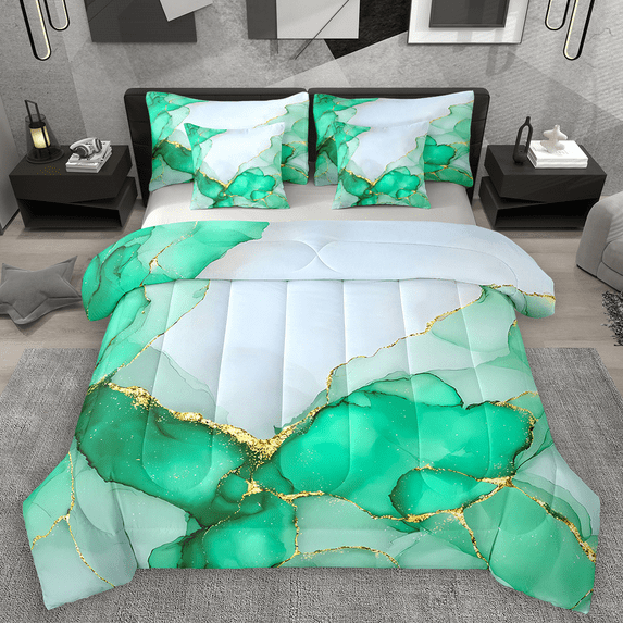 Manfei Green Marble Bedding Comforter Set 7-Piece, Abstract Watercolor Art Full Bedding Set, Marbling Stone Pattern Fitted Sheet Flat Sheet, Ultra Soft Home Decor