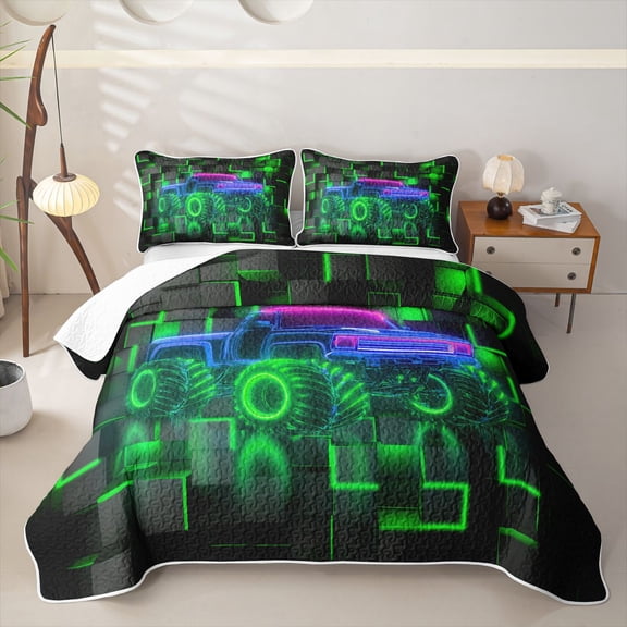 Manfei Green Monster Truck Bed Spread Queen,Patchwork Geometric Plaid Queen Coverlet Set,3 Pieces