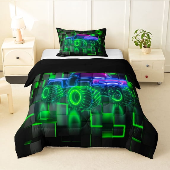 Manfei Green Monster Truck Twin Comforter Sets,Patchwork Geometric Plaid Bedding Set,Black Reversible,2-Piece,1 Comforter and 1 Pillowcase