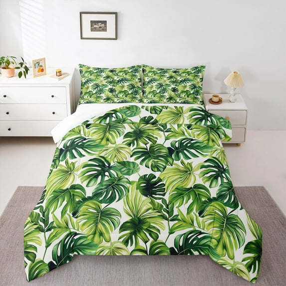 Manfei Green Monstera Full Size Comforter Sets,Natural Leaf Bedding Comforter Set Tropical Botanical Tree Bedding Sets For Child,Breathable Home Decor,3pcs