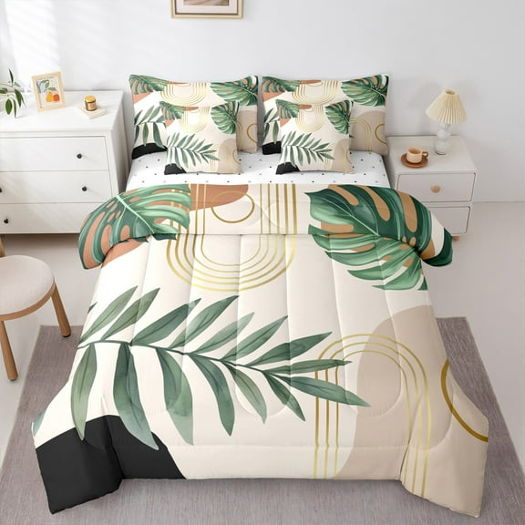 Manfei Green Monstera Palm 7-Piece Bedding Comforter Set,Tropical Botanical Leaves King Bedding Sets,Modern Minimalist Aesthetic Bed Sheets For Kids,Super Cozy Room Decor Reversible