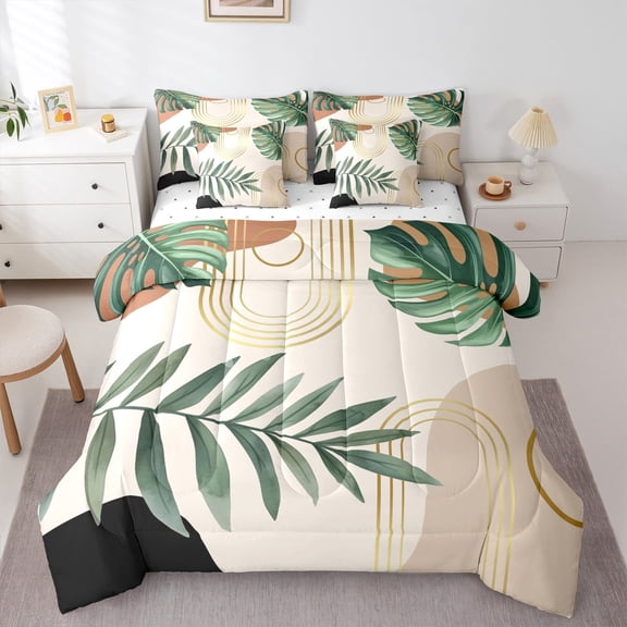 Manfei Green Monstera Palm 7pcs Bedding Comforter Set,Tropical Botanical Leaves Queen Bedding Sets,Modern Minimalist Aesthetic Queen Sheet Sets For Kids,Super Cozy Room Decor Reversible