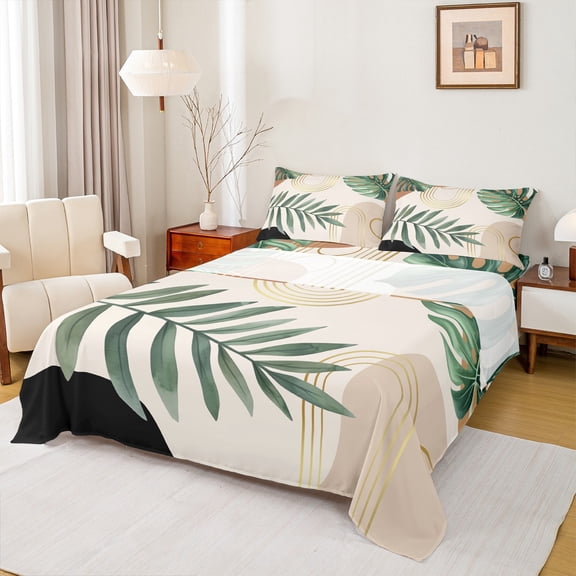 Manfei Green Monstera Palm Bed Sheets,Tropical Botanical Leaves King Sheets,Modern Minimalist Aesthetic Sheet Set For Kids,Super Cozy Room Decor,4 Pieces