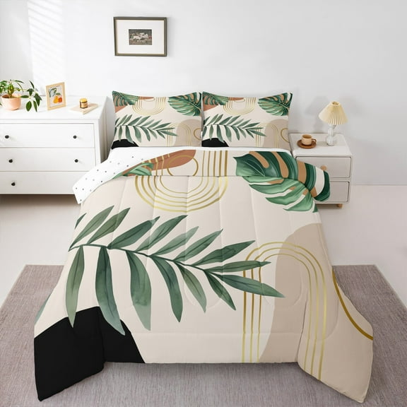 Manfei Green Monstera Palm Bedding Comforter Set,Tropical Botanical Leaves Twin Comforter Sets,Modern Minimalist Aesthetic Bedding Set For Kids,Super Cozy Room Decor Reversible,2 Pieces