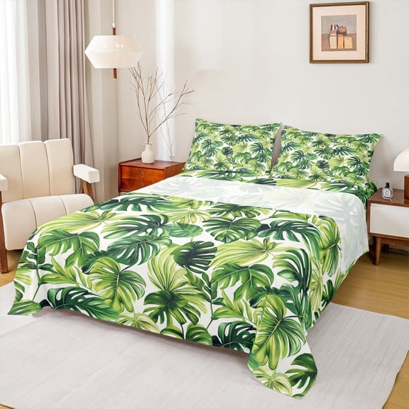 Manfei Green Monstera Queen Sheet Sets,Natural Leaf Flat Sheet Tropical Botanical Tree Queen Fitted Sheet For Child,Breathable Home Decor,4-Piece