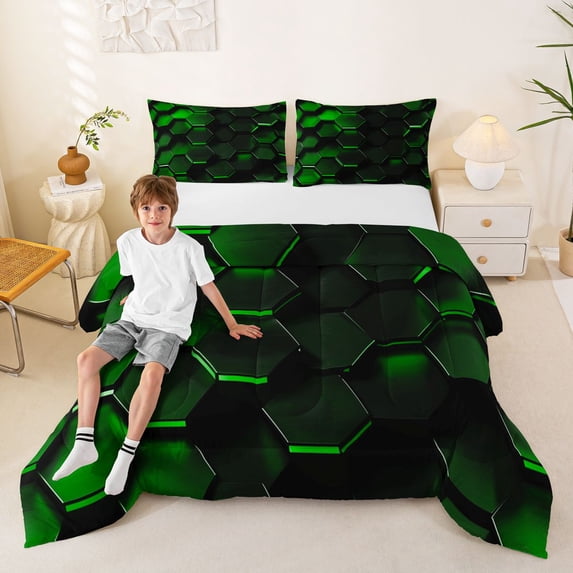 Manfei Green Neon Honeycomb Queen Comforter Set, Glowing 3D Hexagon Comforter Sets Queen, Black Reversible 3pcs, 1 Comforter and 2 Pillowcases