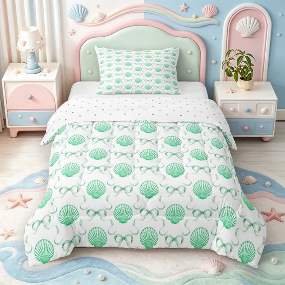 Manfei Green Ocean Shell Twin Comforter Sets,Kawaii Bowtie Bedding Set,Reversible,2-Piece,1 Comforter and 1 Pillowcase