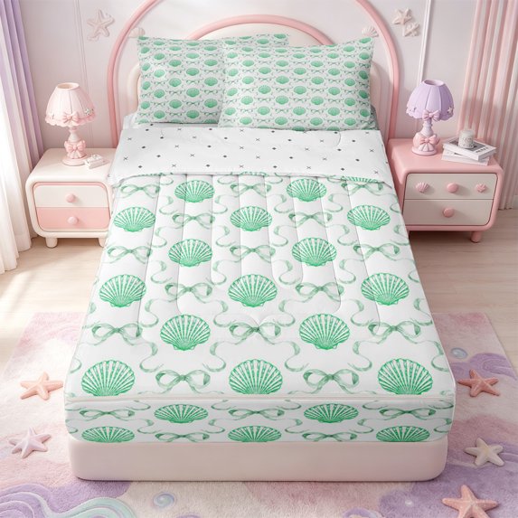 Manfei Green Ocean Shell Zipper Full Size Comforter Sets with Fitted Sheet and 2 Pillowcases,Kawaii Bowtie Zipper Bedding Set,Reversible,4 Pieces