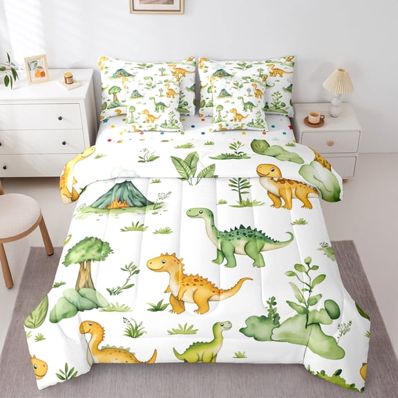 Manfei Green Orange dinosaur 7pcs Bedding Comforter Set,Happy Camping Queen Bedding Sets,Green Rustic Leaves Queen Sheet Sets For Boy Teens,Luxury Bedroom Decor Reversible