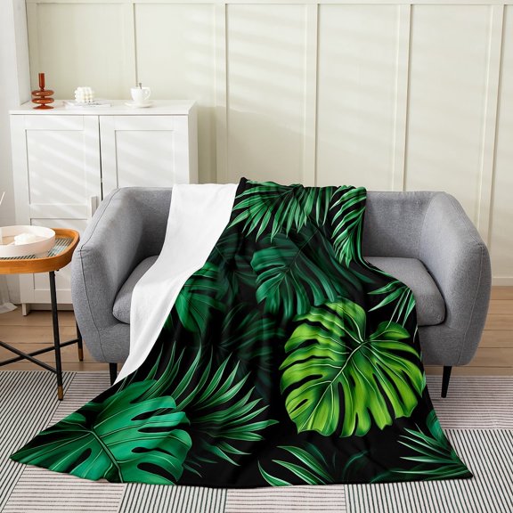 Manfei Green Palm Leaf Throw Blanket for Couch, Tropical Plant Botanial Plush Blanket, Teens Kids Women Men Sherpa Blanket, Microfiber Bedroom Decor
