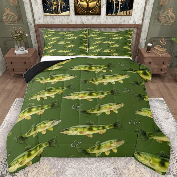 Manfei Green Pike Fish Full Size Comforter Sets for Teens, Hunting and Fishing Bedding Comforter Set, Rustic Farmhouse Theme Reversible Bedding Sets, Luxury Bedroom Decor, 3-Piece