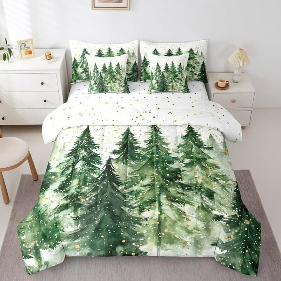 Manfei Green Pine 7pcs Bedding Comforter Set,Merry Christmas Queen Bedding Sets,Gold Glitter Print Queen Sheet Sets For Child,Microfiber Bedroom Decor