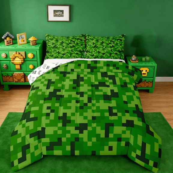 Manfei Green Pixelated Grid Twin Comforter Sets,Video Games Cartoon Gamepad Bedding Set For Kids Teens,Modern Geometric Check Reversible 2-Piece