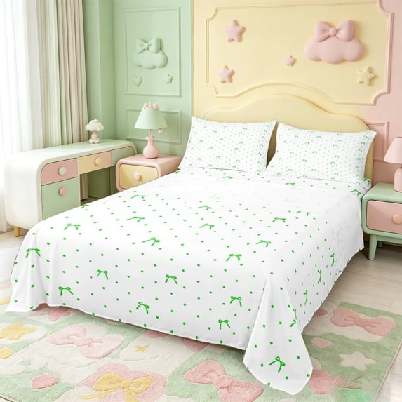 Manfei Green Princess Bowknot Bed Sheets,Fashion Bow Tie Full Size Sheets,4-Piece,1 Flat Sheet,1 Fitted Sheet and 2 Pillowcases