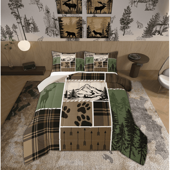 Manfei Green Rustic Bedding Sets Queen with Comforter, Jungle Adventure Duvet Insert, Farmhouse Hunting Reversible Comforter Sets Queen Size, Breathable Room Decor, 3-Piece