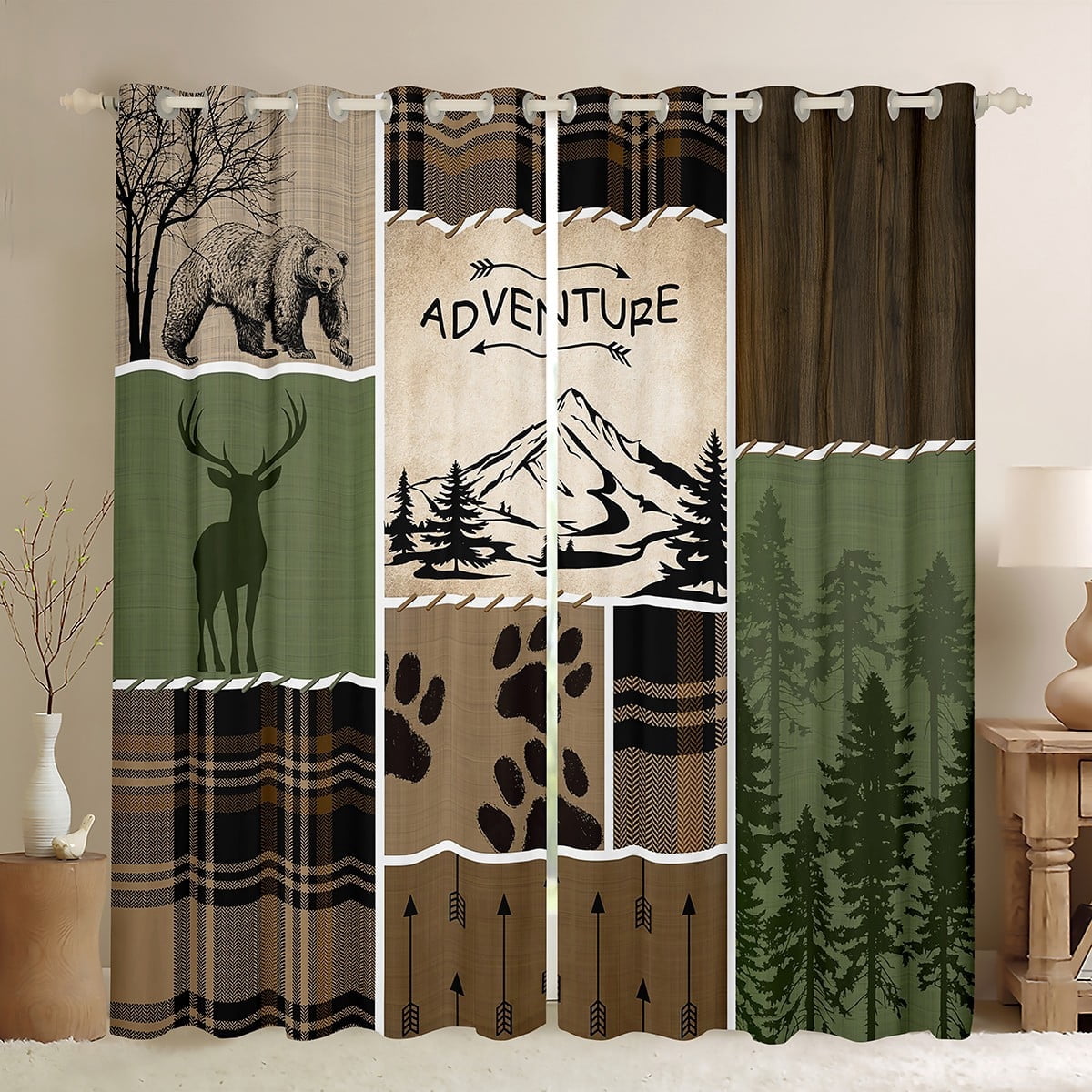 Manfei Green Rustic Curtains Pack of 2 (52x84), Jungle Adventure Black Out Curtains, Farmhouse Hunting Blackout Curtains for Bedroom, Window Treatments Room Decor