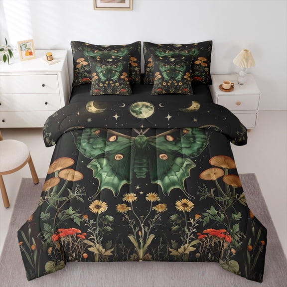 Manfei Green Spooky Moth 7-Piece Bedding Comforter Set,Gothic Style King Bedding Sets,Rustic Daisy Mushroom Flower Bed Sheets For Boys Girl,Microfiber Bedroom Decor Reversible