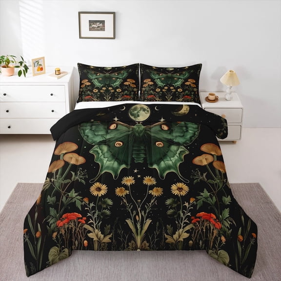 Manfei Green Spooky Moth Queen Comforter Set,Gothic Style Bedding Sets,Rustic Daisy Mushroom Flower Bedding Comforter Set For Boys Girl,Microfiber Bedroom Decor Reversible,3 Pieces