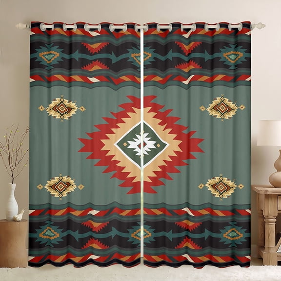 Manfei Green Square Aztec Black Out Curtains for Adult, Tribal Western Bohemian Curtains Pack of 2 (42x63 Each), Mandala Hippie Style Bedroom Curtains, Window Curtains Decor