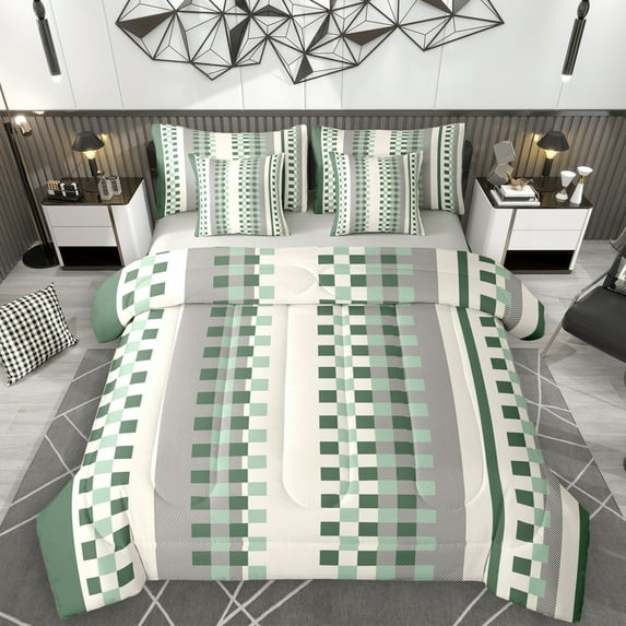 Manfei Green Square Buffalo 7-Piece Bedding Comforter Set, Vintage Checkered Abstract King Bedding Sets, Rectangle Plaid Reversible Bed Sheets, Breathable Home Decor