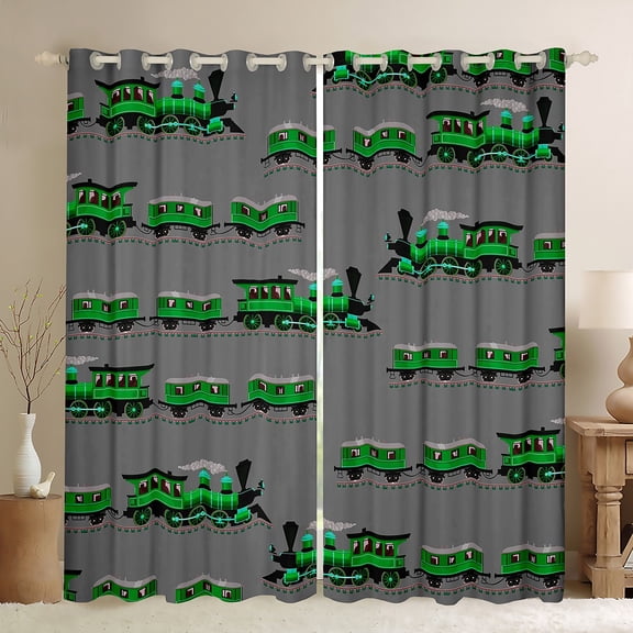Manfei Green Train Blackout Curtains Set of 2 (52x84 Each) for Kids Children,Steam Engine Railway Window Curtains,Transportation Theme Curtains and Drapes,Ultra Soft Home Decor