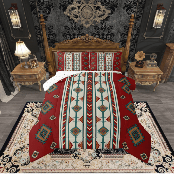 Manfei Green Tribal Geometric Comforter Sets Twin Size,Rustic Boho Aztec Comforters & Duvets,Country Cabin Lodge Bedding Twin Comforter Set,Microfiber Bedroom Decor Reversible,2-Piece