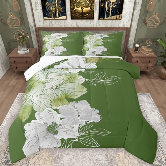 Manfei Green White Flower Queen Comforter Set,Country Floral Bedding Sets,Rustic Aestheric Bedding Comforter Set For Girls Kids,Breathable Home Decor Reversible,3pcs