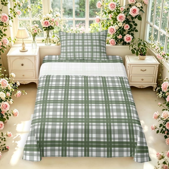 Manfei Green White Plaid Twin Sheets,Vintage Check Bedding,3 Pieces,1 Flat Sheet,1 Fitted Sheet and 1 Pillowcase