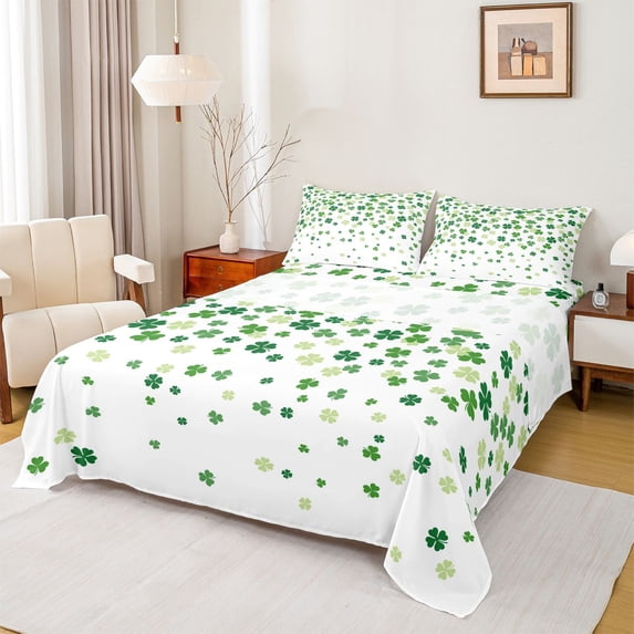 Manfei Green White Queen Sheet Sets,St.Patrick Day Flat Sheet,Lucky Four Leaf Clover Queen Fitted Sheet For Girls,Breathable Home Decor,4pcs