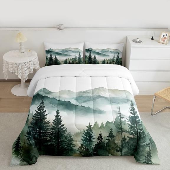 Manfei Green Wild Pine Bedding Comforter Set,Natural Theme Twin Comforter Sets,Tropical Botanical Bedding Set For Men Women,Microfiber Bedroom Decor Reversible,2pcs