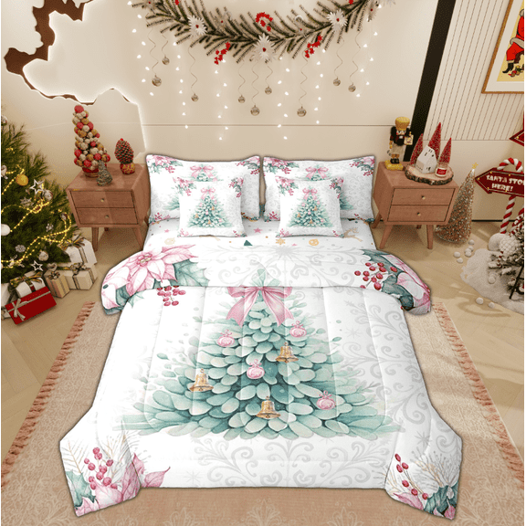 Manfei Green Xmas Tree Bed in a Bag King size, Merry Christmas Bedding Sets King Size, Bowknot Bell Reversible Bedding King Size, Super Cozy Room Decor, 7 Pieces
