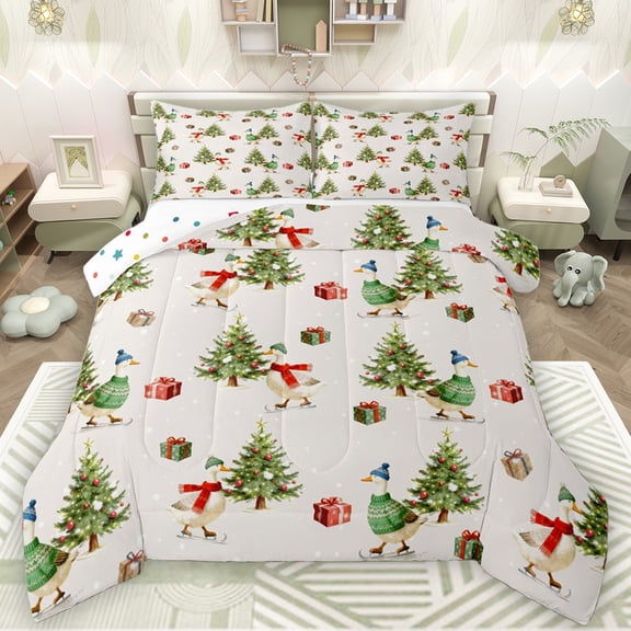 Manfei Green Xmas Tree Bedding Comforter Set for Child, Kawaii Farm Duck Animal Twin Comforter Sets, Santa Claus Gifts Reversible Bedding Set, Lightweight Room Decor, 2pcs