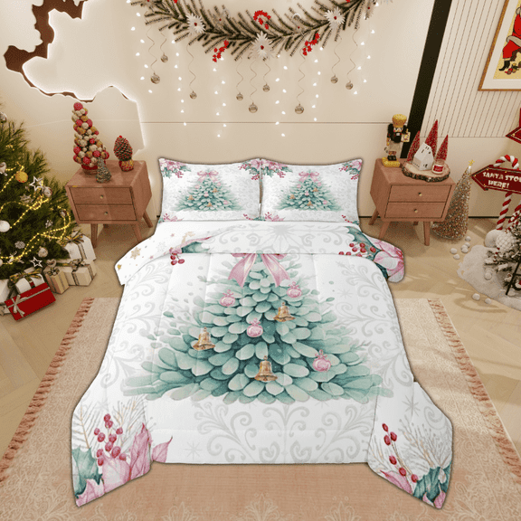 Manfei Green Xmas Tree Comforter Sets Full Size, Merry Christmas Down Comforter, Bowknot Bell Reversible Bedding Full Comforter Set, Super Cozy Room Decor, 3 Pieces