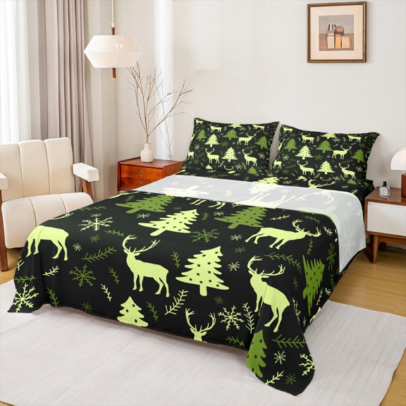 Manfei Green Xmas Tree Twin Sheet Sets for Teen, Cartoon Reindeer Animal Twin Fitted Sheet, Merry Christmas Flat Sheet, Breathable Home Decor, 3pcs