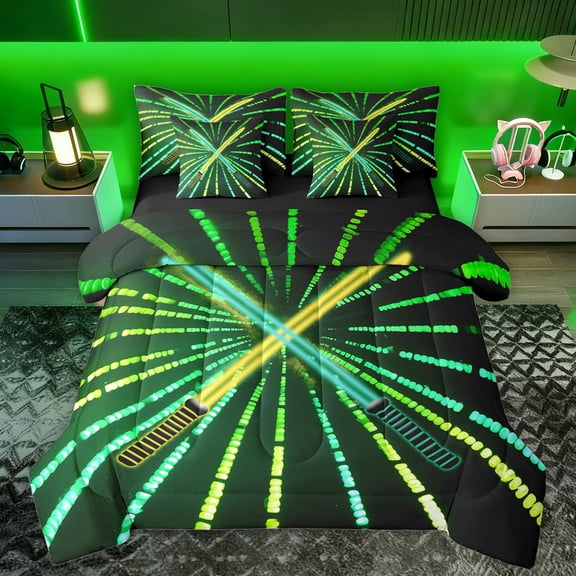 Manfei Green Yellow Gradient Light 7-Piece Bedding Comforter Set,Abstract Geometric Stripe King Bedding Sets,Modern Fashion Games Bed Sheets For Boys,Ultra Soft Home Decor Reversible