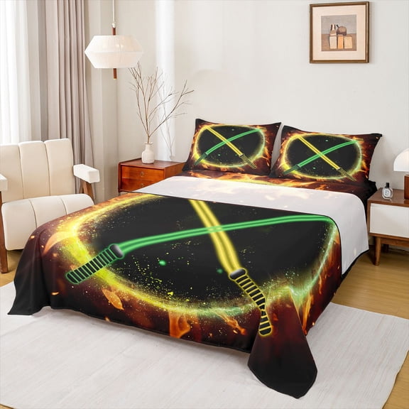 Manfei Green Yellow Lightsaber Queen Sheet Sets,Video Games Theme Flat Sheet,Modern Fashion Gaming Queen Fitted Sheet For Boys,Ultra Soft Home Decor,4-Piece